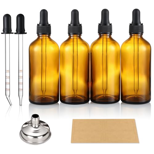 4 Pack, 100ml Dropper Bottles with 2pcs Glass Pipettes(1ml) - Essential Oils Bottles for Health, Personal Care & Beauty - 3.4oz Thick Dark Amber Glass Tincture Bottle with Eye Droppers, Leakproof - style: Plus 2 Graduated Pipettes