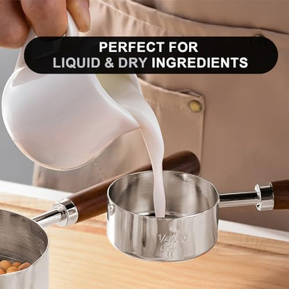 SHIKORI Gold Measuring Cups and Spoons Set with Wood Handles, Premium Stainless Steel Measuring Spoons and Measuring Cups Set-Silver - color: Silver