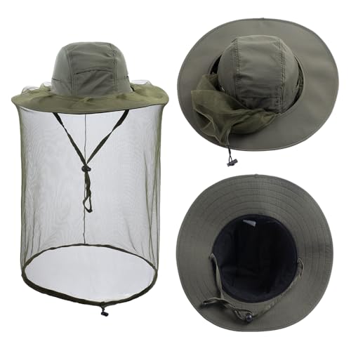 Mosquito Netting Bee Keeper Hat,Garden Bug Gnats Face Cover Head Net Veil Costume Dog Grooming Cap for Women Men Fishing - color: Army Green