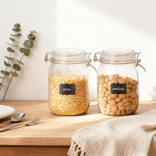 Flrolove 32oz Set of 4 Glass Kitchen Storage Canister Mason Jars with Lids | Airtight Glass Canister with Hinged Lid, Perfect for Kitchen Canning Cereal, Pasta, Sugar, Coffee Beans, Label & Chalk Marker - size: 32oz*4-round