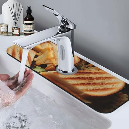 Cheese Sandwiches Splash Guard Mat For Kitchen Sink, Super Absorbent Fast Drying Faucet Mat Draining Mat Sink Gadgets Behind Faucet Sinkmat For Kitchen And Bathroom 15"X5.5"