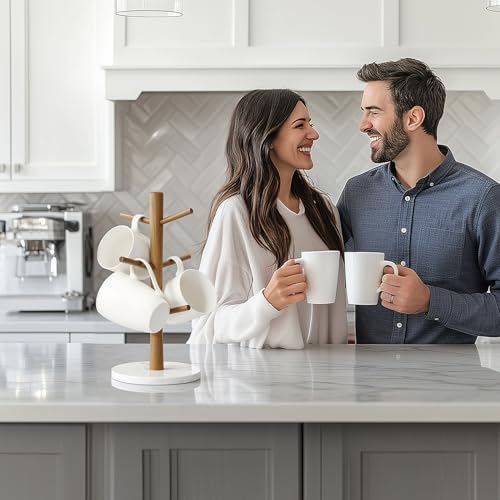 Buruis Wood Mug Holder, Marble Base Cup Rack Tree, Mug Stand Hanger, Kitchen Coffee Tree Countertop Tea Holder Stand, Coffee Cup Dryer with 6 Hooks (Round Base White) - color: Round Base White