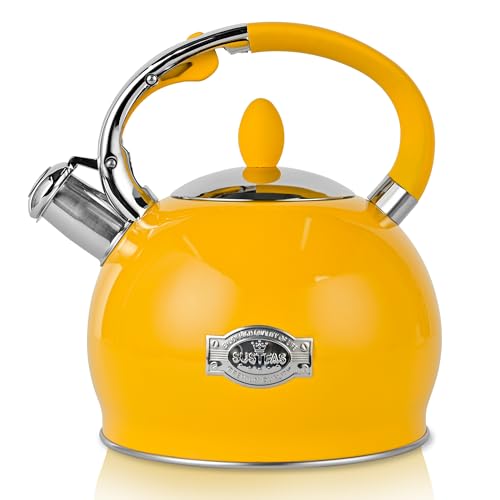 SUSTEAS Stove Top Whistling Tea Kettle - Food Grade Stainless Steel Teakettle Teapot with Cool Touch Ergonomic Handle, With 1 Silicone Pinch Mitt Included, 2.64 Quart,YELLOW - color: Yellow