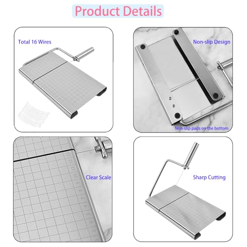 Cheese Slicer with 16 Replacement Wires, Stainless Steel Cheese Cutter Board with Precision Scale for Cutting Cheese Butter Ham Beet Boiled Eggs, Silver