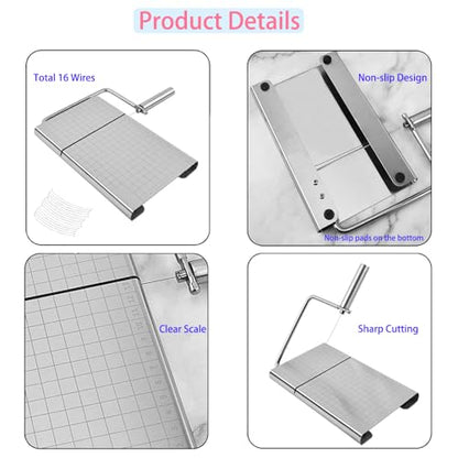 Cheese Slicer with 16 Replacement Wires, Stainless Steel Cheese Cutter Board with Precision Scale for Cutting Cheese Butter Ham Beet Boiled Eggs, Silver