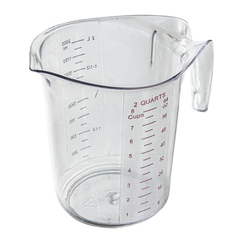 Restaurantware RW Base 2 Quart Measuring Jar 1 Durable Measuring Beaker - Metric And Imperial Units V-Shaped Spout Clear Plastic Measuring Cup Handle With Thumb-Grip Tolerates Up To 248F - color: Clear, size: 7.75" × 6.00" × 7.50"