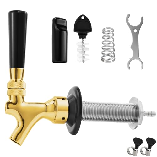 MRbrew Draft Beer Long Shank Faucet Kit, 4-1/8'' Beer Shank No Leak 1/4'' Beer Line Nipple Barb Fitting 304 stainless steel Self-Closing Golden Beer Tap for Kegerator Brewing Home Beer Party