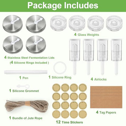 4-Pack Fermentation Kit for Wide Mouth Mason Jar, Included 4 Glass Fermenting Weights, 4 fermentation Lids, 4 Airlocks, 5 Silicone Rings, 5 Silicone Grommet, Pen Stickers Rope (Jars not Included) - style: 4 Pack not Included Jar
