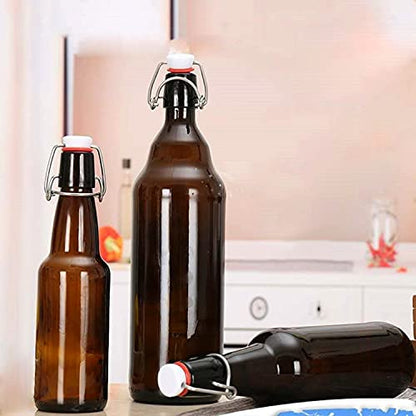 Amber Glass Bottles With Air Tight Lids 32 oz, Easy Cap for Beer and Home Brewing, Kombucha With Stoppers, Swing Top for Beverages 8 Pack
