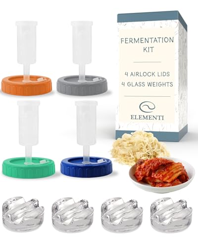 Elementi Mason Jar Fermentation Kit - 8 Pieces Glass Fermenting Weights & Wide Mouth Mason Jar Fermentation Lids - Sauerkraut, Kimchi & Pickling Kit - Airlocks for Fermenting - style: Set of 4 - Weights & Multicolor Lids