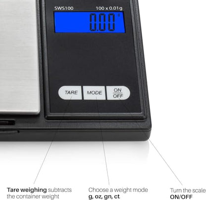 Smart Weigh SWS100 Digital Pocket Scale – 100g x 0.01g High Precision Scale for Reloading, Jewelry, Gems, and Medicine – Backlit LCD, Battery Included, Black - size: 100g / 0.01g