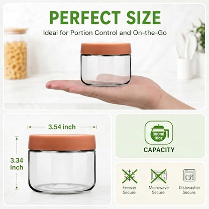 EONJOE 10 oz Small Glass Containers with Lids, Food Storage Jars, 6pk | Perfect for Chia Pudding Jam Snacks Yogurt Overnight Oats Candy ,Dishwasher safe,Airtight - size: 10oz
