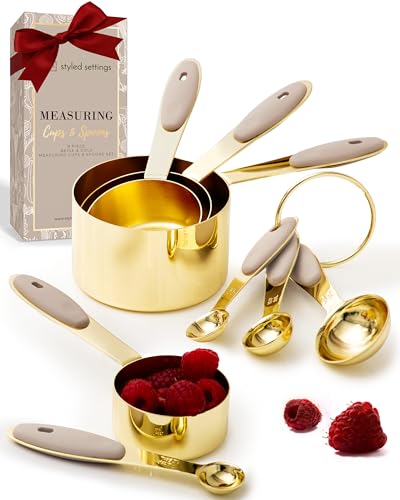 Gold Measuring Cups and Spoons Set – 8-Piece Brass Measuring Set with Beige Silicone Handles for Comfortable Grip – Stainless Steel, Stackable, Gold Kitchen Accessories for Baking & Cooking - color: Beige