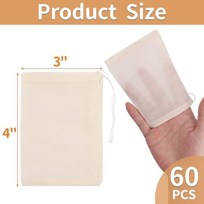 60 Pcs Empty Spice Bags for Cooking Soup, 3x4 In Natural Muslin Drawstring Bag, Reusable Tea Bags for Loose Tea, Small Cheese Cloth Cotton Bag for Straining, Unbleached Cheesecloth Herb Sachet Bag - size: 3x4 IN - 60 PCS