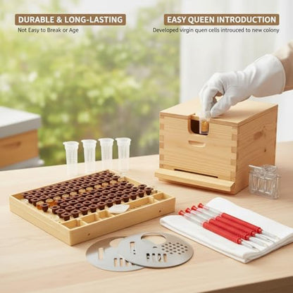 Beekeeping Supplies Kit, Plastic Queen Rearing System with Grafting Tool, Cell Cups, and Beehive Accessories for Hive Management.