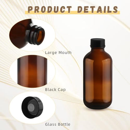 4 Pcs 120ml/4oz Amber Glass Bottles Boston Round Bottle Empty Sample Container with Black Cap for Essential Oil Perfume Liquid
