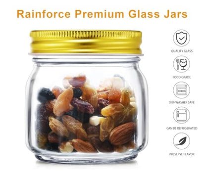 Rainforce Mason Jars 8 oz 30 Pack- Small Mason Jars With Gold Lids -1/4 Quart Canning Jars| Storage Pickling Jars For Jelly, Jam, Honey, Pickles, Spice - With 30 Chalkboard Labels - color: Gold