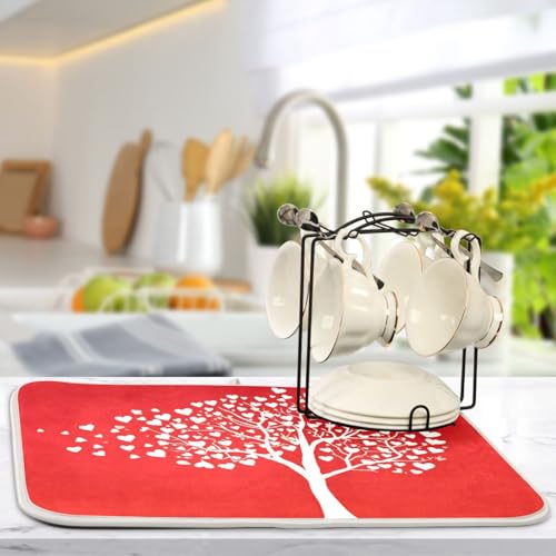 Valentine's Day Dish Drying Mats for Kitchen 16x18 inch Love Tree With Hearts Drying Pad Dish Drainer Mat Counter top Mat Dish Draining Mat L - color: Valentine, size: 16x18in