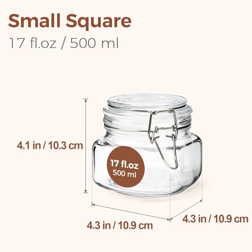 ComSaf Square Small 17 oz Glass Jars with Airtight Lids 6 Pack Wide Mouth | Overnight oats, Jam pickling, Spice storage, Gift jars, Sourdough pickling, Pantry organization, Jam jelly honey, Snacks - size: 17oz*6