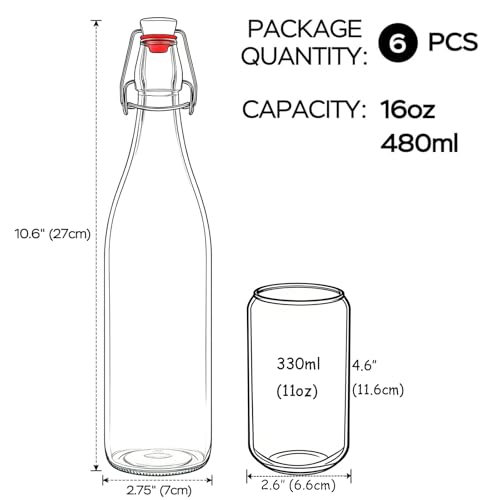 ZEBEIYU Swing Top Glass Bottles 16oz,Glass Beer Bottles With Airtight Caps for Home Brewing,Kombucha, 2nd Fermentation, Water Kefir, Beverages, Soda, Oils, Vinegar, Limoncello（6 Pack