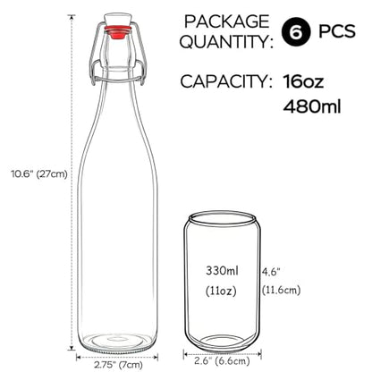 ZEBEIYU Swing Top Glass Bottles 16oz,Glass Beer Bottles With Airtight Caps for Home Brewing,Kombucha, 2nd Fermentation, Water Kefir, Beverages, Soda, Oils, Vinegar, Limoncello（6 Pack