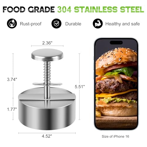 Burger Press, Adjustable Hamburger Prees Patty Maker 4.52" - Non-Stick Mold and Spring Button 304 Stainless Steel Burger Patty Press Making Patties for Beef, Vegetables, Meat, BBQ, Party Grill