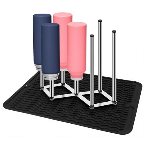 Stainless Steel Bottle Drying Rack with Non-Slip Silicone Mat – Foldable Water Bottles Dryer Stand for Cups, Tumblers, Wine Glasses & Baby Bottles, Space-Saving Countertop Bottle Rack Organizer