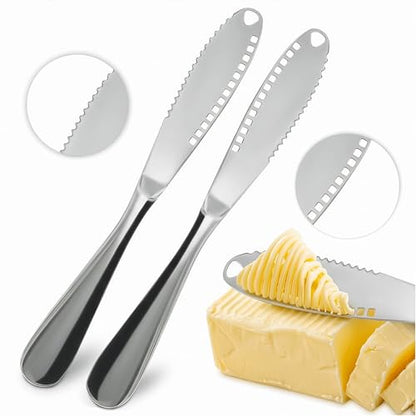 2 Pcs Butter Knife Spreader, 3 in 1, Stainless Steel | Butter Spreader Knife; Grater Blade and Holes; Non-Slip Grip; Dishwasher Safe; Spreads Cream Cheese and Jam - color: Silver