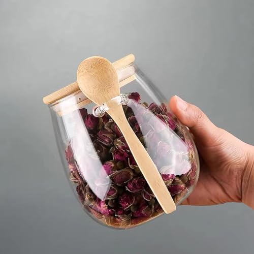 Airtight glass jar storage container with bamboo lid Set of 2, wide mouth, leak-proof, With a spoon, can be used for coffee beans, tea leaves, grains, dried fruits, etc (Large*2PCS) - color: Large*2PCS