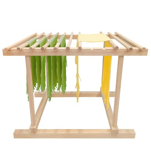 Pasta Drying Rack, Wooden Noodle Drying Rack for Pasta with 12 Detachable Rods & Fixed Grooves, Effortless Pasta Transfer, Holds Short/Long Noodles