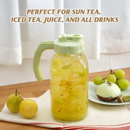 Soligt Glass Mason Jar Pitcher with Lid, Wide Mouth Flip Cap Pour Spout Leak-proof Lid with Handle, 64 oz (2 Quart / 1.9 Liter), for Iced Coffee/Sun Tea Juice/Cold Brew Coffee/Milk (1Pack, Tea Green) - color: Tea Green