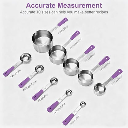 Bopei Measuring Cups and Spoons Set Stainless Steel 10 Piece for Cooking and Baking (5 Cups + 5 Spoons, Purple Handle) - color: Purple