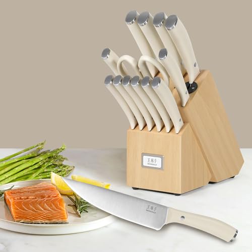 WANGMAZI 15 Pcs Knife Block Set, Japanese High Carbon Stainless Steel Sharp Blade Knife Set, Razor Sharp Knives Set for Kitchen, Dishwasher Safe, Elegant Box for Men Women, Natural - color: 01-Natural