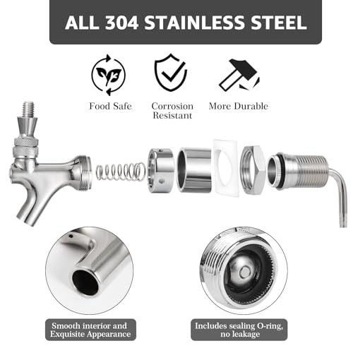 Kegerator Tap Kit Stainless Steel Beer Tap Faucet Kegerator Parts Kegerator Replacement Parts Self-Closing Beer Faucet 3/16 Beer Line Tubing Beer Line Shank Faucet Kit with Faucet Wrench