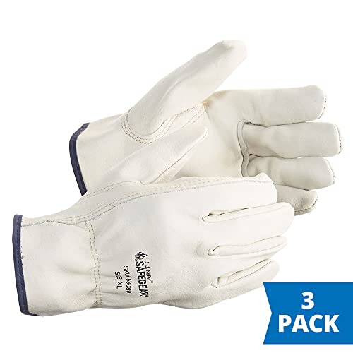 J. J. Keller & Associates, Inc. SAFEGEAR Cowhide Leather Work Gloves with Keystone Thumb - color: White (Pack of 3), size: Large (Pack of 3)