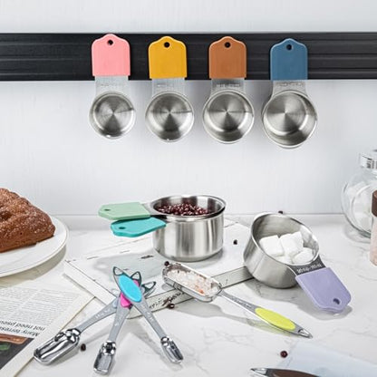 Magnetic Measuring Cups and Spoons Set, 7 Stainless Steel Measuring Cups and 7 Rectangular Metal Teaspoon with 1 Leveler for Cooking & Baking (Colorful) - color: Colorful