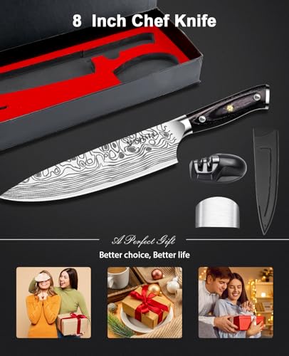 MOSFiATA 8" Super Sharp Professional Chef's Knife with Finger Guard and Knife Sharpener, German High Carbon Stainless Steel EN1.4116 with Micarta Handle and Gift Box - style: 8 inch chef knife
