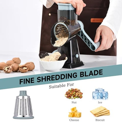 Rotary Cheese Grater with Handle Kitchen Shredder Slicer Grater Slicer Ice Shaver Cheese Vegetable Nuts Potato Zucchini Chocolate 3 Interchangeable Blades (GreyBlue - color: GreyBlue