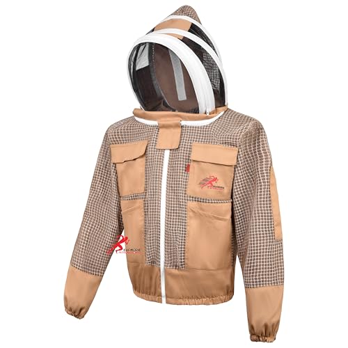 3 Layer Bee Jacket with Fencing Veil and One Pair of Gloves Beekeeping Jacket for Beginer and Professional Fully Protective Jacket Sting Proof Bee Jacket Ventilated Beekeeper Jacket (Khaki, 3X-Large) - color: Khaki, size: 3X-Large