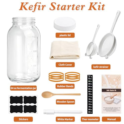 Kefir Starter Kit, 64oz Mason Fermentation Jar with 2 Kefir Strainers, kombucha starter kit with wooden spoon.Complete DIY Kefir for Home Brewing