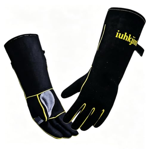 Leather Oven Gloves for Women Man, Heat Resistant Fire Long Sleeve Gloves for Tig Mig Stick BBQ Fireplace Animal Handling (14in) - color: Black-crey, size: Medium