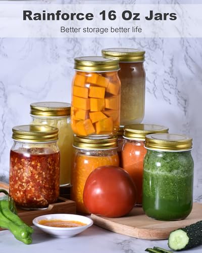 Rainforce 16 oz Mason Jars With Lids Regular Mouth 15 Pack-16 oz Glass Jars with Gold Lids,Bulk Pint Clear Glass Jars For Meal Prep, Food Storage With 20 Labels - color: Gold Lids