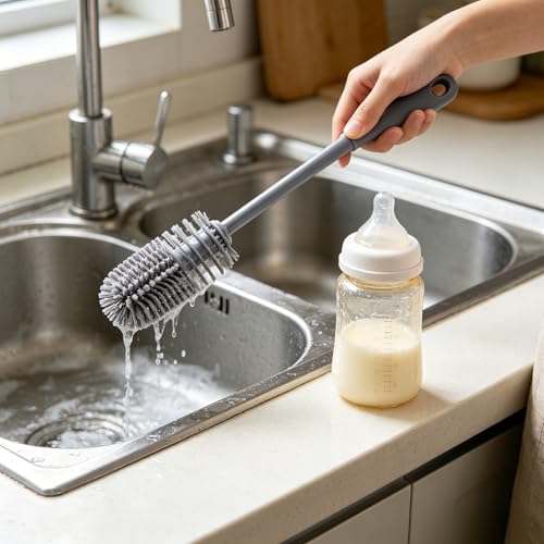 Durable Long-Handle Silicone Brush – Deep Cleaning Tool for Bottles, Cups & Narrow Necks-Grey