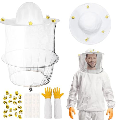 62 Pcs Beekeeper Costume Set Bee Keeper Hat with Veil 20pcs Felt Bees Beekeeping Gloves 2 Sheets Double Sided Tape Bee Keeper Costumes Adult Halloween Costume