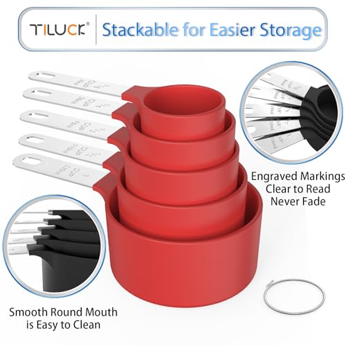 TILUCK Measuring Cups & Spoons Set, Stackable Cups and Spoons, Nesting Measure Cups with Stainless Steel Handle, Kitchen Gadgets for Cooking & Baking (Red) - color: Red