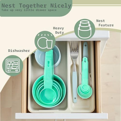 Inmorven 10pcs Measuring Cups and Spoons Set, BPA-Free Plastic Kitchen Baking Tools with Engraved Markings, Stackable Design for Dry & Liquid Ingredients (Green) - color: Green