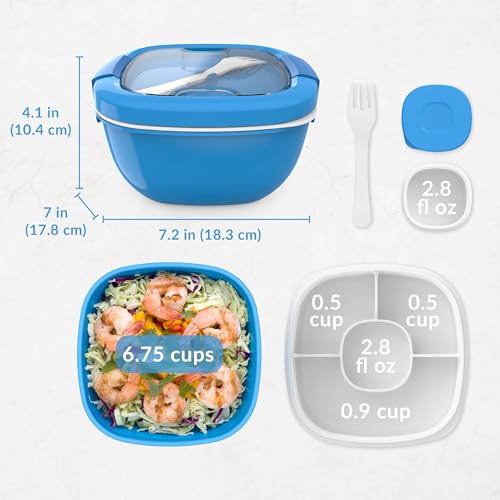 Bentgo Salad Container - 54 oz Bowl with 4-Compartment Toppings Tray, Leak-Proof Dressing Container, Reusable Fork, BPA-Free Lunch Box for Meal Prep & Food Storage; Removable Bento Tray (Blue) - color: Blue