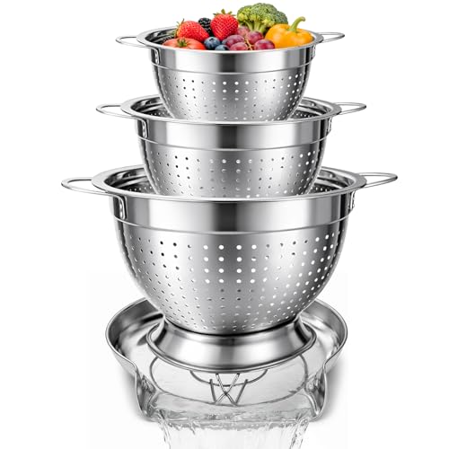 Strainers and Colanders for Kitchen, 3-Piece Stainless Steel Set Pasta and Rice Strainer with Handles, Raised Draining Base for Easy Counter Use (7”, 9”, 11”)
