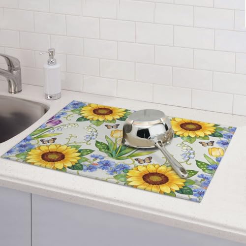 Kitchen Drying Mat for Countertop Sunflower Tulip Floral Garden Pattern Non-Slip Kitchen Counter Mat for Dishes Glassware - color: Yellow Purple