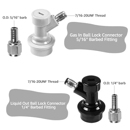 Ball Lock Keg Post Quick Disconnect Set Corny Keg Connectors, 19/32-18 Female Thread Keg Post 5/16’’ Gas and 1/4’’ Liquid Barb, Stainless Steel Ball Lock Keg Fittings with Hose Clamps for Home Brewing